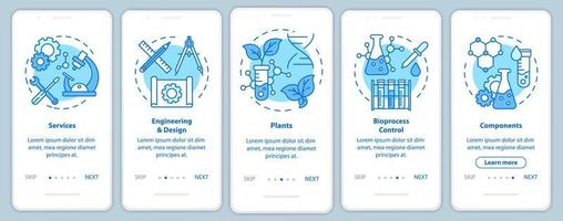 Bioengineering onboarding mobile app page screen with linear concepts. Five walkthrough steps graphic instructions. Services and plants, components. UX, UI, GUI vector template with illustrations