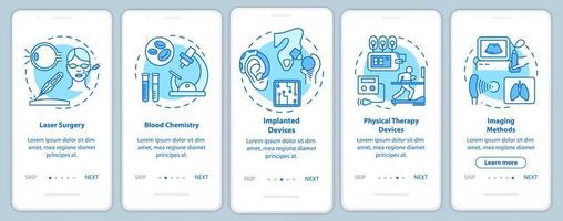 Biomedical engineering onboarding mobile app page screen with linear concepts. Blood chemistry. Five walkthrough steps graphic instructions. Laser surgery. UX, UI, GUI vector template, illustrations