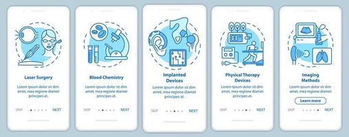 Biomedical engineering onboarding mobile app page screen with linear concepts. Blood chemistry. Five walkthrough steps graphic instructions. Laser surgery. UX, UI, GUI vector template, illustrations