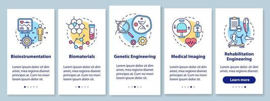 Bioengineering onboarding mobile app page screen with linear concepts. Medical imaging. Bioinstrumentation. Five walkthrough steps graphic instructions. UX, UI, GUI vector template with illustrations