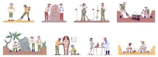 Archeology flat vector illustrations set. Archeological expedition excavations. Archeologists on field and laboratory studies isolated cartoon characters with outline elements on white background