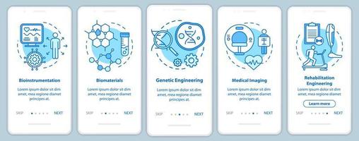 Bioengineering onboarding mobile app page screen with linear concepts. Medical imaging. Five walkthrough steps graphic instructions. Bioinstrumentation. UX, UI, GUI vector template with illustrations