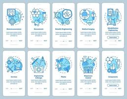 pantalla de la página de la aplicación móvil de incorporación de bioingeniería con conceptos lineales. imágenes médicas, servicios. instrucciones gráficas de diez pasos de recorrido. biomateriales ux, ui, plantilla vectorial gui, ilustraciones vector