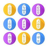 Fitness tracker health monitoring flat design long shadow glyph icons set. Wellness gadget with clock and step counter. Work and relax time control pictorgrams. Vector silhouette illustration