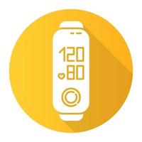 Fitness tracker with blood pressure yellow flat design long shadow glyph icon. Wellness device with tonometer. Smartwatch with cardiovascular condition monitoring. Vector silhouette illustration