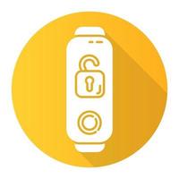 Fitness tracker with open padlock yellow flat design long shadow glyph icon. Wellness device with remote unlocking function. Digital device with security control option. Vector silhouette illustration