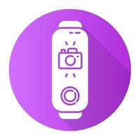 Fitness tracker with camera on display violet flat design long shadow glyph icon. Trendy wellness gadget with instant photo option. Device with distance camera control. Vector silhouette illustration