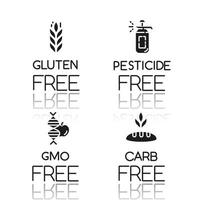 Product free ingredient drop shadow black glyph icons set. No gluten, pesticide, gmo, carb. Organic healthy food. Dietary without allergens and sweeteners. Isolated vector illustrations
