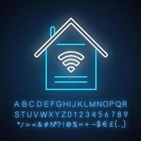 Smart home features neon light icon. Handle with appliances via internet. Control household. Wi-Fi access indoors. Glowing sign with alphabet, numbers and symbols. Vector isolated illustration