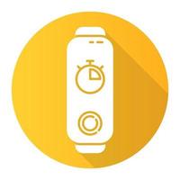 Fitness tracker with stop watch on display yellow flat design long shadow glyph icon. Trendy wellness device with digital timer. Wearable gadget for time measurement. Vector silhouette illustration