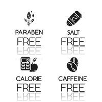 Product free ingredient drop shadow black glyph icons set. No paraben, salt, calorie, caffeine. Organic healthy food. Low calories meals. Dietary without allergens. Isolated vector illustrations