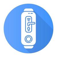 Fitness tracker with digital door lock function blue flat design long shadow glyph icon. Wearable device with innovative smart home control. Door handle with wifi sign. Vector silhouette illustration