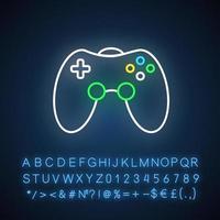 Game room neon light icon. Gamepad. Video game controller. Community recreation area. Esports competition. Joystick. Glowing sign with alphabet, numbers and symbols. Vector isolated illustration