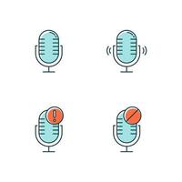 Blue microphone connection problems color icons set. Sound recording mistake idea. Voice record equipments. Podcast technology. Portable mics. Error notification. Isolated vector illustrations