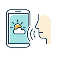 Blue weather forecast voice search color icon. Smartphone sound command idea. Meteorology app, mobile application. Audio request. Distant phone control. Isolated vector illustration