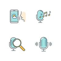 Blue sound request color icons set. Voice control system idea. Speech recognition technology. Voice controlled apps. Microphones, speakers. Music mics, forecast app. Isolated vector illustrations