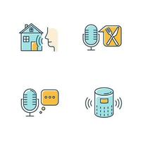 Blue remote control system color icons set. Virtual assistance tools idea. Microphones, speaker. Speech recognition equipment. Smart home technology, food order. Isolated vector illustrations