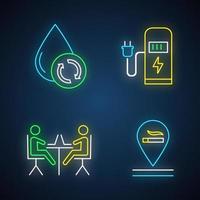 Apartment amenities neon light icons set. Water filtration, car charging station, coworking space, smoking allowed. Comfortable house. Residential service. Glowing signs. Vector isolated illustrations