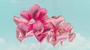 corações de balão contra o céu. balões voadores em forma de coração. fundo romântico para o dia dos namorados. renderização 3D. video