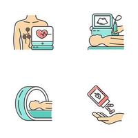 Medical procedures color icons set. Electrocardiogram. Ultrasound diagnostics. Tomography. Brain scanning for tumor. Homeopathy. Organic pills. Herbal supplement. Isolated vector illustrations