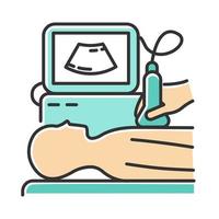 Ultrasound diagnostics color icon. Ultrasonography. Medical procedure. Healthcare services. Patient chest examination. Disease treatment. Professional clinical diagnosis. Isolated vector illustration