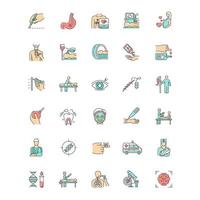 Medical procedure color icons set. Surgery. Endoscopy. Health care. Brain scan. First emergency aid. Blood test. Injury treatment. Vision correction. Pediatrics. Isolated vector illustrations