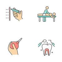 Medical procedures color icons set. Injection with syringe. Massage. Lavement. Dental care. Oral health. Clinical aid. Masseur and patient. Constipation help. Isolated vector illustrations