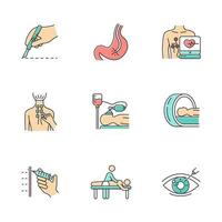 Medical procedures color icons set. Surgery. Endoscopy. Electrocardiogram. Physiotherapy. Anesthesia. Tomography for brain scan. Massage. Vision correction. Isolated vector illustrations