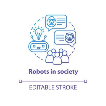 Robots in society blue gradient concept icon. Communication with artificial intelligence idea thin line illustration. Interaction with technologies. Vector isolated outline drawing. Editable stroke