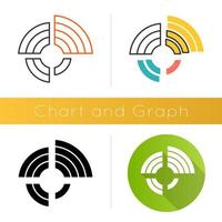 Radial diagram icon. Round chart, graph. Radar diagram. Multivariate data. Spider chart. Info value extend from central point. Flat design, linear and color styles. Isolated vector illustrations