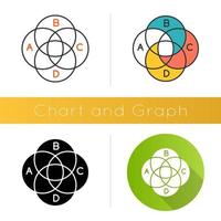 Venn diagram icon. Round chart with circular segments. Overlapping circles. Intertwined graph. Marketing presentation. Business. Flat design, linear and color styles. Isolated vector illustrations