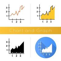 icono de gráfico de área. gráfico ascendente con índices. diagrama creciente infografía. reporte de negocios. presentación de investigación de mercados. Diseño plano, estilos lineales y de color. ilustraciones de vectores aislados