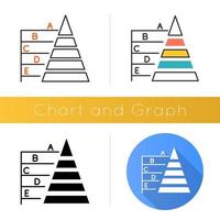 Pyramid graph icon. Information hierarchy chart. Business model visualization. Economic presentation. Financial report and research. Flat design, linear and color styles. Isolated vector illustrations