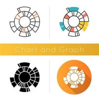 Sunburst diagram icon. Radial chart. Round information presentation graph. Hierarchy visualization. Data connection. Business model. Flat design, linear and color styles. Isolated vector illustrations