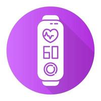 Fitness tracker with heart rate monitoring violet flat design long shadow glyph icon. Trendy wellness device with heartbeat control. Fitness app with pulse on display. Vector silhouette illustration