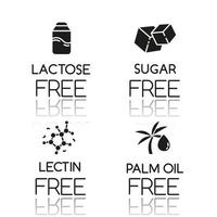 Product free ingredient drop shadow black glyph icons set. No lactose, sugar, lectin, palm oil. Organic healthy food. Dietary without allergens and sweeteners. Isolated vector illustrations