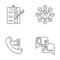 Survey methods linear icons set. Telephone poll. Chemical analysis. Questionnaire. Interview. Opinion. Customer review. Thin line contour symbols. Isolated vector outline illustration. Editable stroke