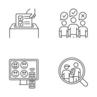 Survey methods linear icons set. Anonymous poll, TV channel rating. Focus group. Interview. Opinion. Customer review. Thin line contour symbols. Isolated vector outline illustrations. Editable stroke