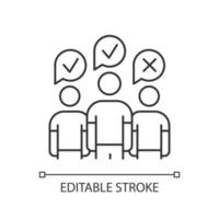 Community survey linear icon. Group administered questionnaire. Public opinion polling. Customer satisfaction. Thin line illustration. Contour symbol. Vector isolated outline drawing. Editable stroke