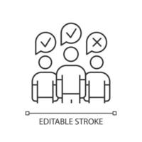 Community survey linear icon. Group administered questionnaire. Public opinion polling. Customer satisfaction. Thin line illustration. Contour symbol. Vector isolated outline drawing. Editable stroke