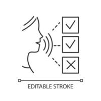 Survey audio response linear icon. Social research. Testimonial. Oral survey. Customer satisfaction. Feedback. Thin line illustration. Contour symbol. Vector isolated outline drawing. Editable stroke