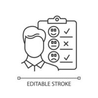 Personal interview linear icon. Survey questionnaire form. Customer service rating. Employee satisfaction. Thin line illustration. Contour symbol. Vector isolated outline drawing. Editable stroke
