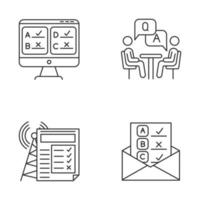 Survey methods linear icons set. Online, email, internet connection poll. Interview. Public opinion. Customer review. Thin line contour symbols. Isolated vector outline illustrations. Editable stroke