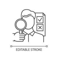 Survey interviewer linear icon. Face-to-face interview. Human-assisted poll. Opinion polling. Expert survey. Thin line illustration. Contour symbol. Vector isolated outline drawing. Editable stroke