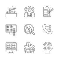 Survey methods linear icons set. Telephone, online poll. Rating. Interview. Public opinion. Customer satisfaction. Thin line contour symbols. Isolated vector outline illustrations. Editable stroke