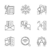 Survey methods linear icons set. Chemical analysis. Email, internet connection poll. Customer satisfaction. Feedback. Thin line contour symbols. Isolated vector outline illustrations. Editable stroke