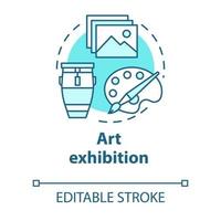 Art exhibition concept icon. Drawing and paintings exposition. Cultural piece. Artwork showcase. Gallery exposition idea thin line illustration. Vector isolated outline drawing. Editable stroke