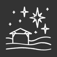 icono de tiza de estrella de navidad. noche santa cristiana. Nochebuena. cielo estrellado y pequeña casa. nacimiento de jesucristo. Estrella de Belen. historia bíblica ilustración de pizarra de vector aislado