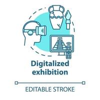 Digitalized exhibition concept icon. Interactive fair venue in cyberspace. Video museum tour. Virtual reality exposition idea thin line illustration. Vector isolated outline drawing. Editable stroke