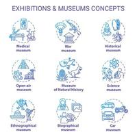 Museum exhibition concept icons set. Ethnographical and biographical exposition. Natural history. Open-air display idea thin line illustrations. Vector isolated outline drawings. Editable stroke